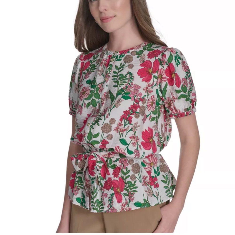 Tommy Hilfiger Floral Puff Sleeve Blouse - Pink and Green - Picture 2 of 12